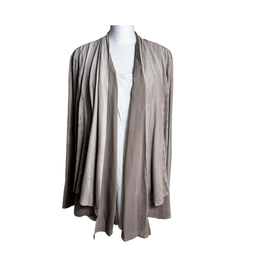 Dressbarn‎ Faux Suede Draped Cardigan & White Bow Print Layered Blouse Set L